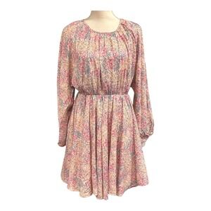 Bohome Dress Womens  S Pink Ditsy Floral Chiffon Mini Elastic Waist Cottagecore